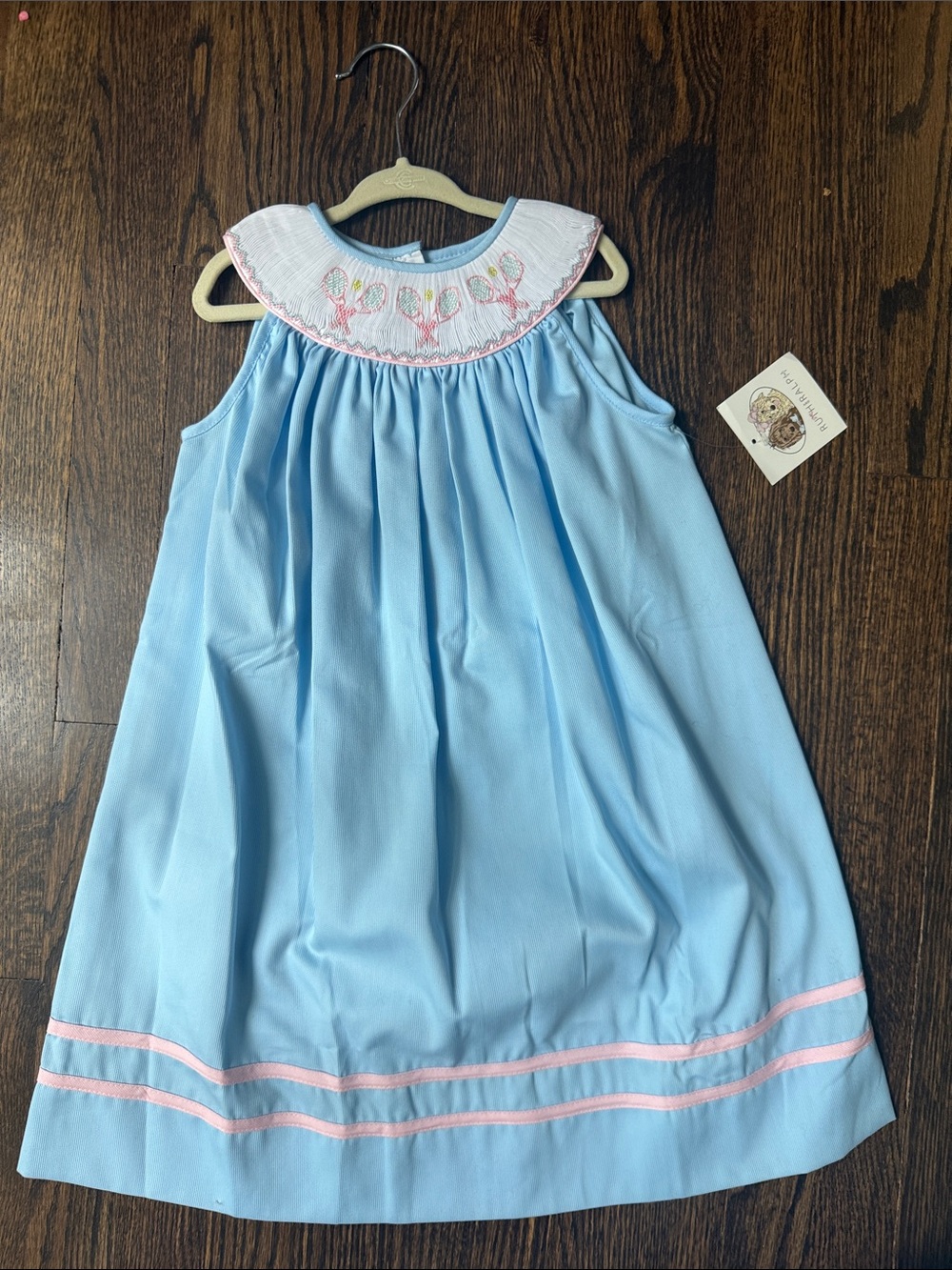 Light Blue tennis embroidered Smocked Collar Girls' Dress with Pink Trim